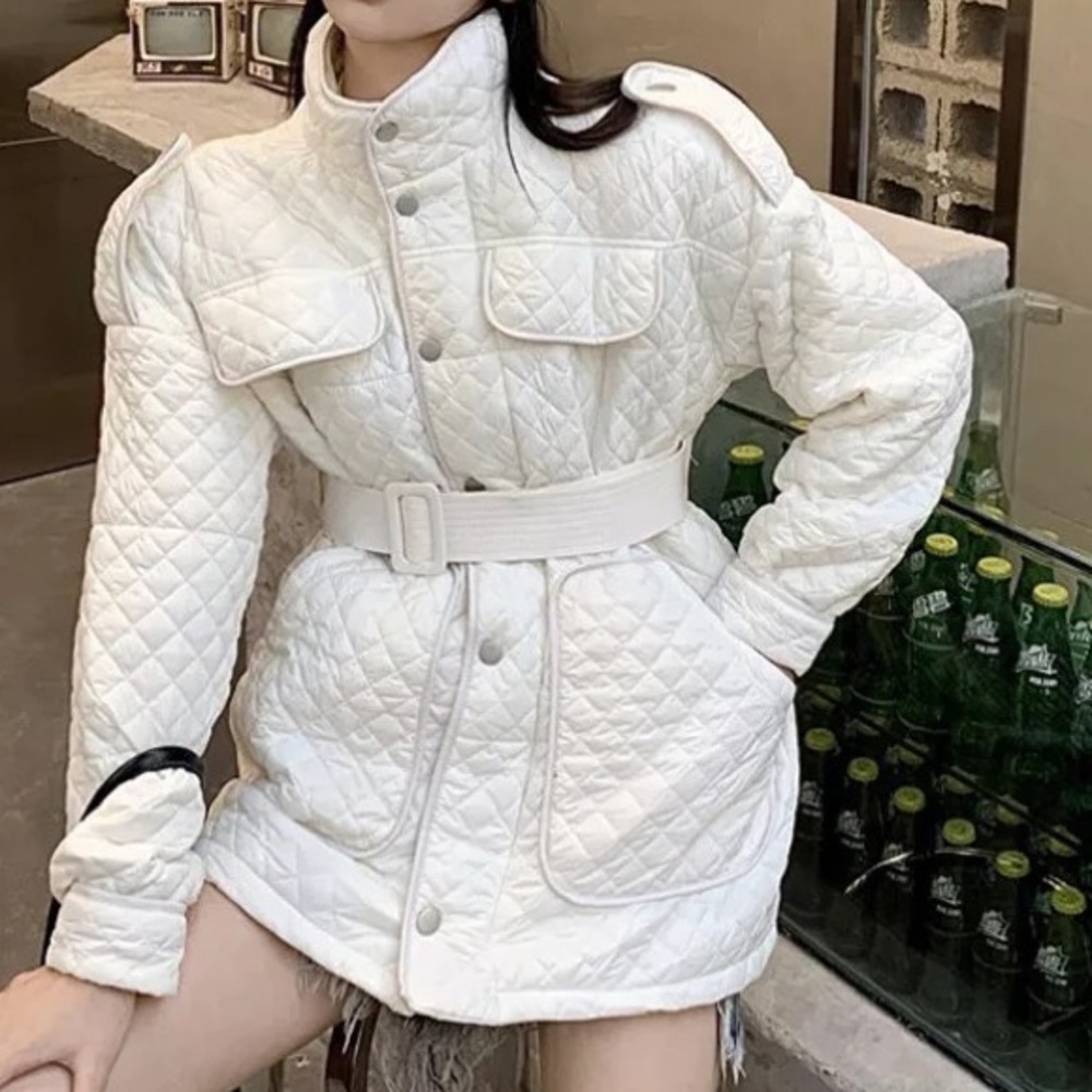 Quilted Jacket coat pocket belt British fashion white button winter outerwear - Picture 11 of 13